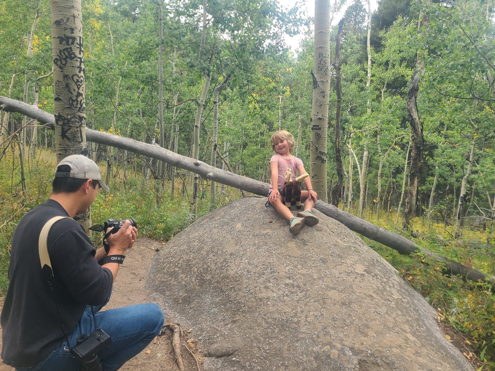 A press photographer crouching to photograph Bellamy on a boulder in an aspen grove.